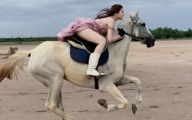 Du Mi cưỡi một chú ngựa trắng trên bãi đất rộng