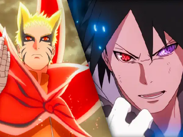 Naruto đứng trong khung cảnh chiến đấu của thế giới ninja