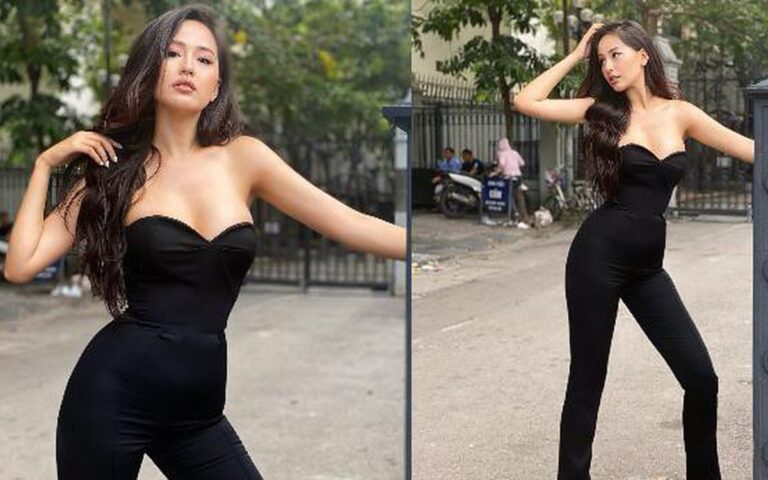Mai Phương Thúy tạo dáng trong bộ trang phục đen giữa không gian đời thường