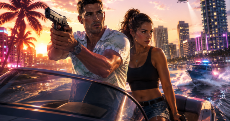 Toàn cảnh đường phố Vice City với xe cộ và người dân qua lại