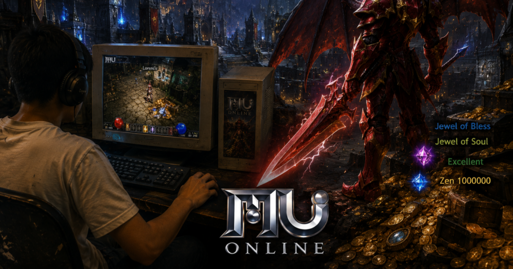Nhân vật MU Online di chuyển tại thành phố Lorencia giữa thế giới game quen thuộc