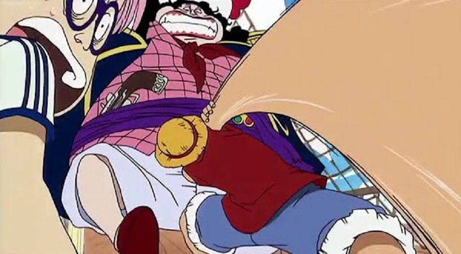 Luffy thực hiện đòn đánh mạnh với cánh tay kéo giãn