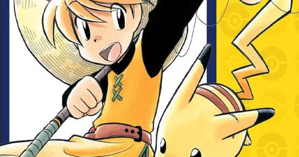 Trang manga Pokémon Adventures với nhóm nhân vật và Pokémon trong một cảnh chiến đấu