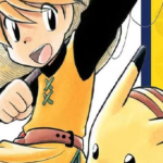 Trang manga Pokémon Adventures với nhóm nhân vật và Pokémon trong một cảnh chiến đấu