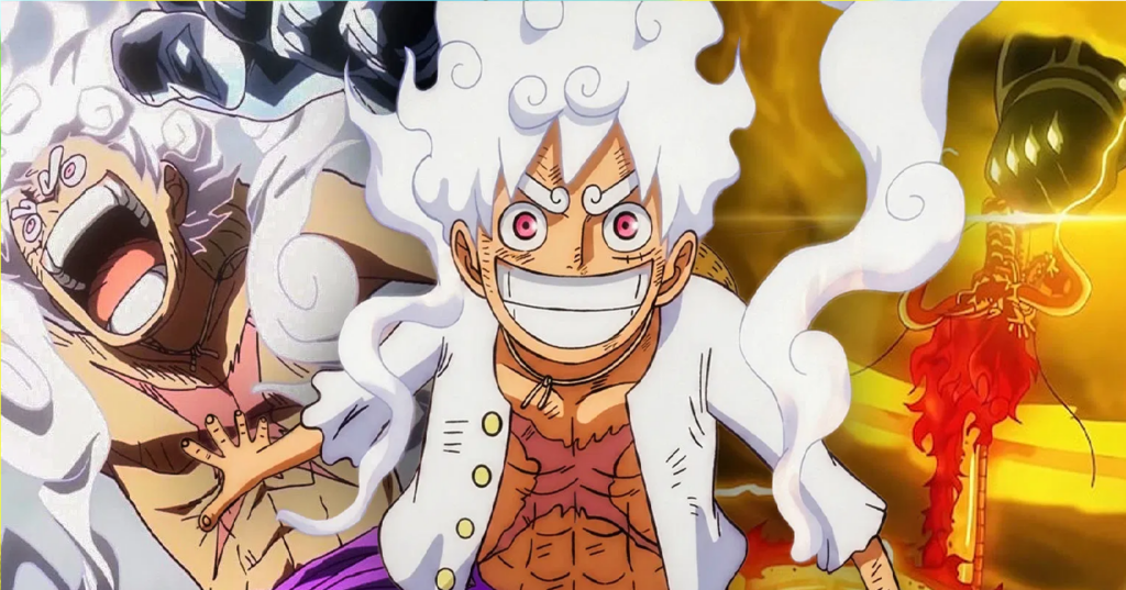 Luffy kích hoạt Gear 5 với tạo hình tóc và trang phục chuyển sang màu trắng
