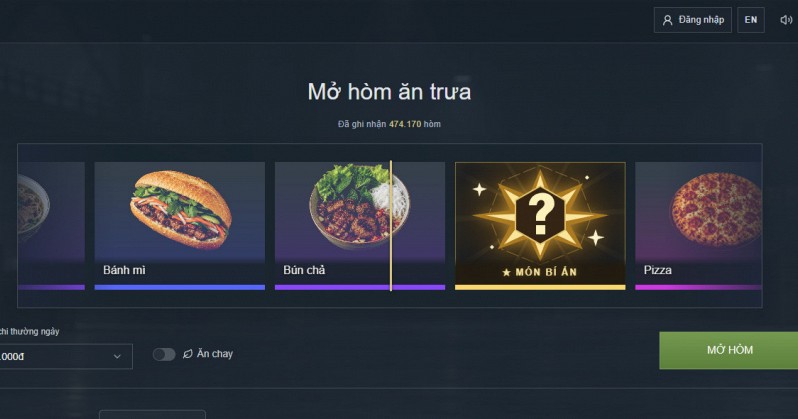 Giao diện trang web chọn món ăn mô phỏng thanh mở hòm của CS:GO