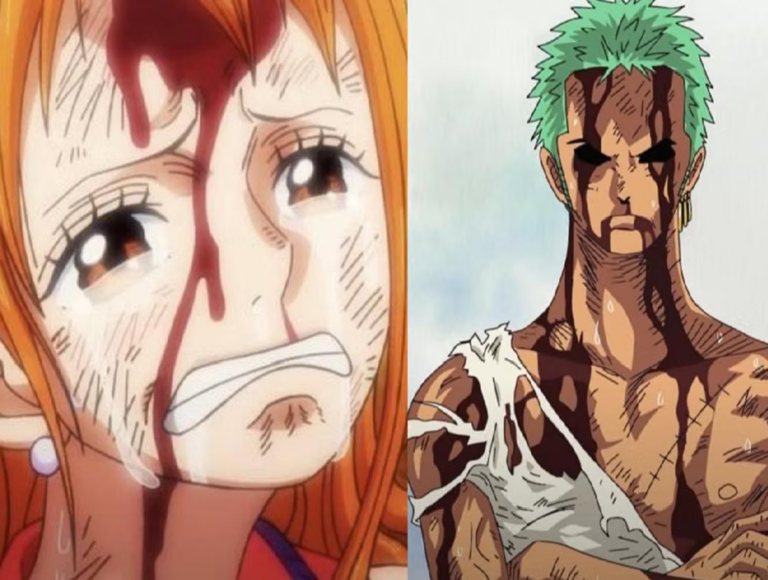 Zoro đứng trước Kuma sau khi Luffy kiệt sức tại Thriller Bark