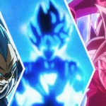 Goku trong trạng thái Super Saiyan Blue với mái tóc xanh và hào quang năng lượng