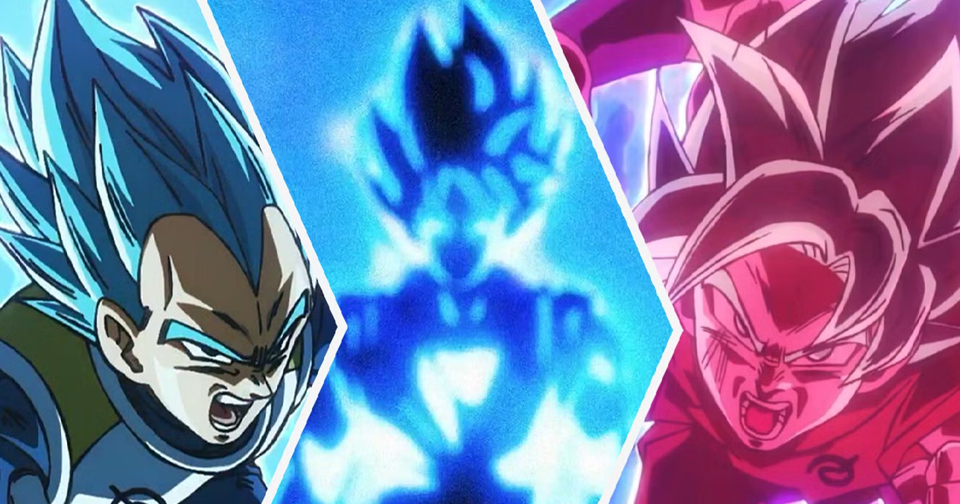 Goku trong trạng thái Super Saiyan Blue với mái tóc xanh và hào quang năng lượng