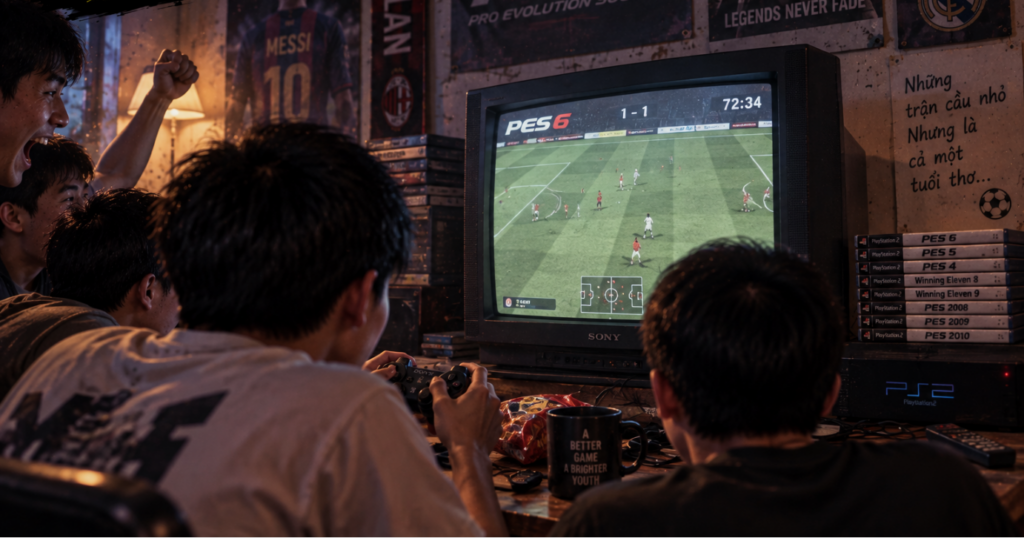 Hai tay cầm đặt trước màn hình trong một buổi chơi game bóng đá