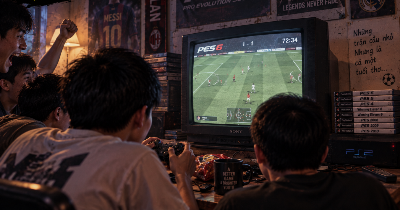 Hai tay cầm đặt trước màn hình trong một buổi chơi game bóng đá