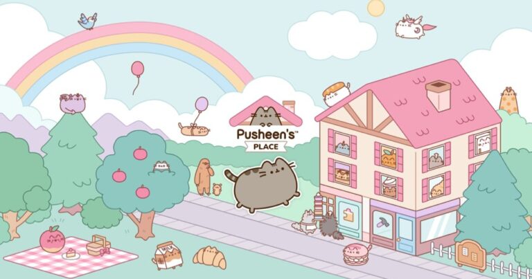 Hình minh họa nhân vật mèo Pusheen trong không gian vui nhộn