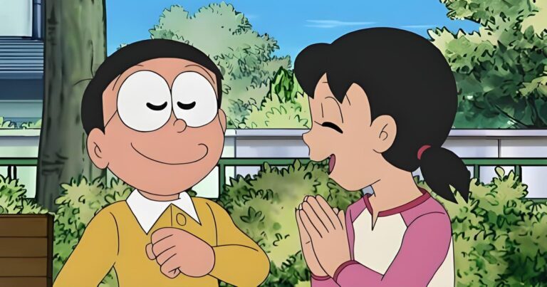 Shizuka mỉm cười trong khung cảnh quen thuộc của Doraemon