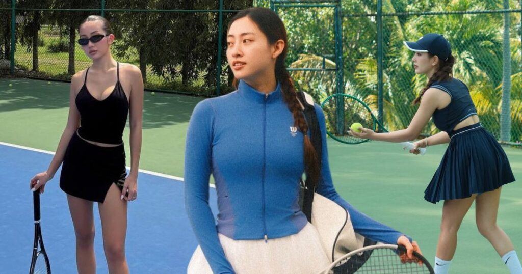 Mai Phương Thúy tập luyện trên sân tennis với trang phục thể thao