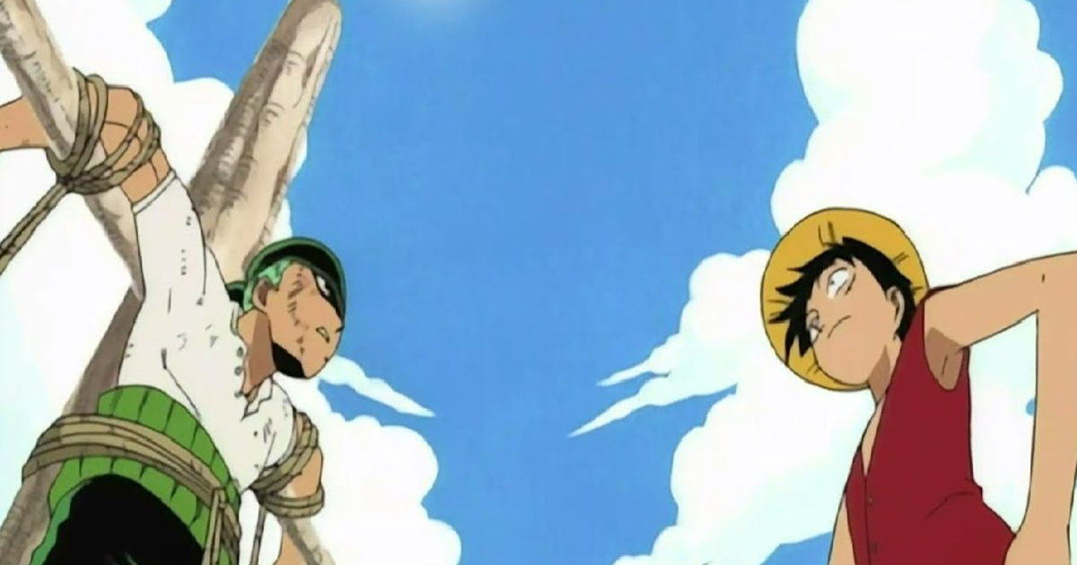 Roronoa Zoro đứng với ba thanh kiếm trong bối cảnh One Piece