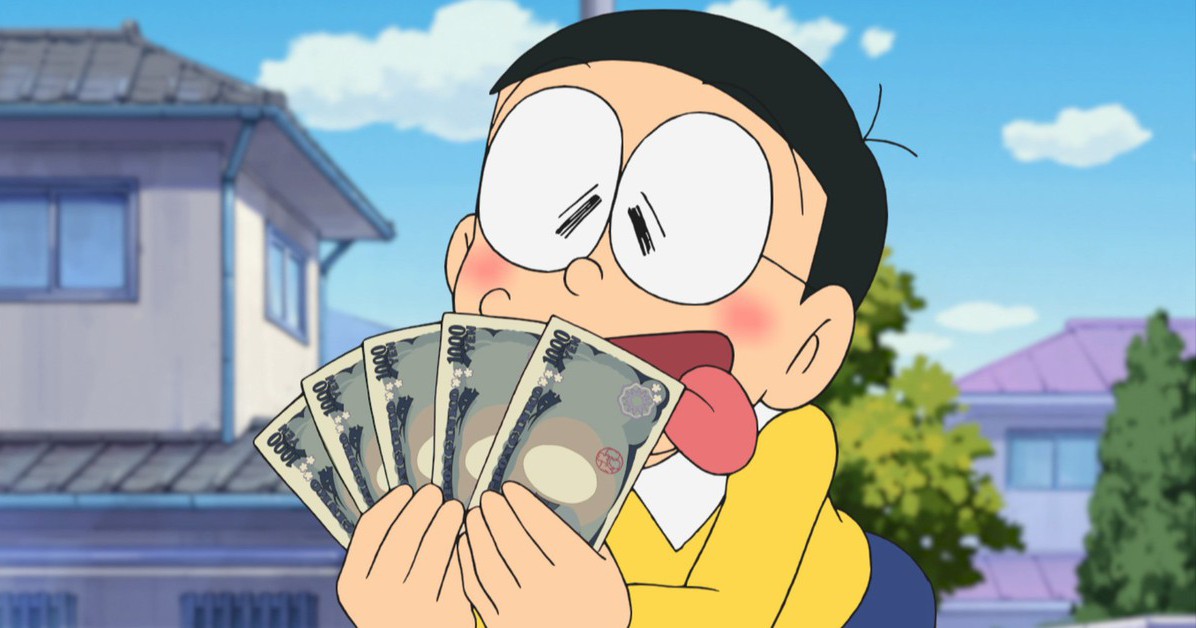Nobita cầm tiền tiêu vặt trong một cảnh đời thường của Doraemon