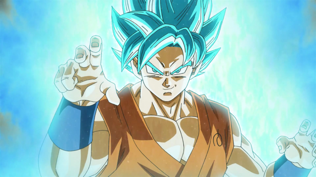Goku kích hoạt Super Saiyan Blue Kaioken với hiệu ứng năng lượng xanh đỏ