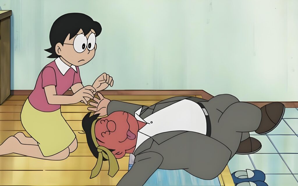 Nobita cùng bố mẹ trong khung cảnh gia đình quen thuộc