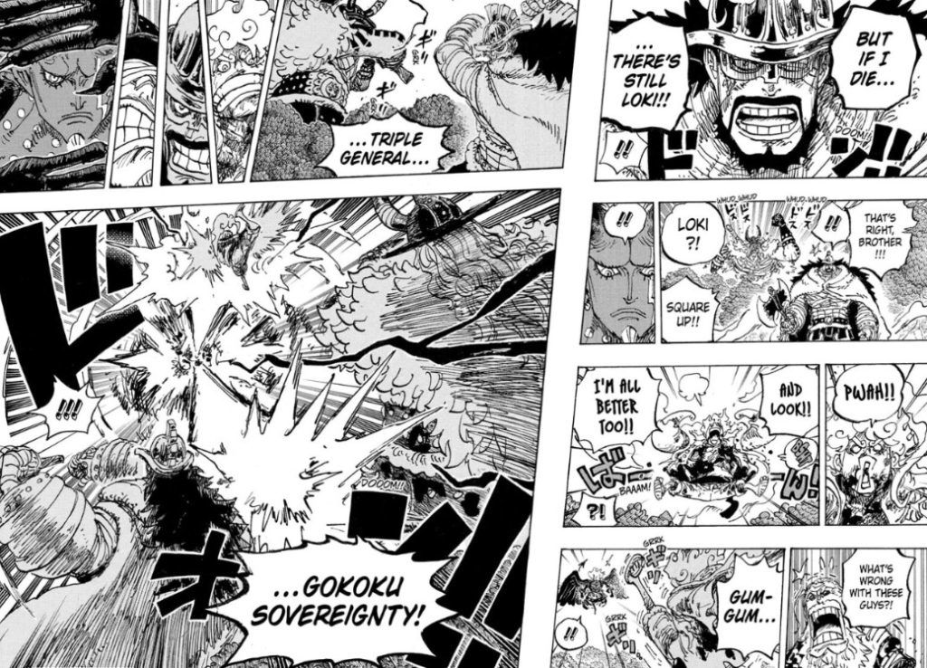 Loki vung chiếc búa khổng lồ đưa Luffy lao về phía Imu