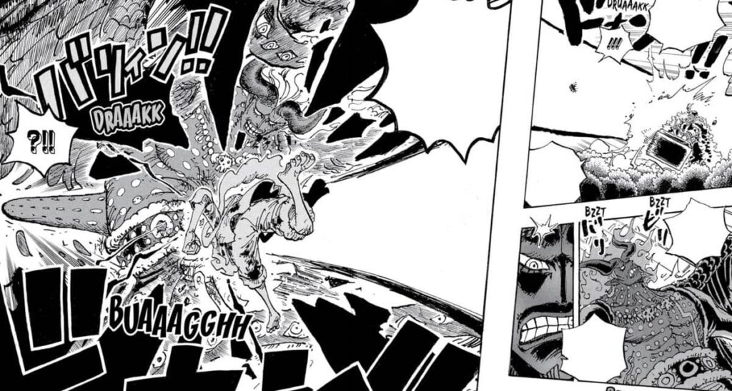 Luffy lao thẳng về phía Imu trong trạng thái Gear 5