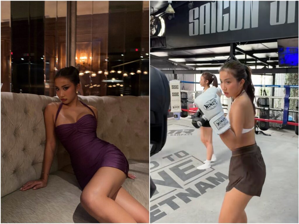 Trúc Anh thực hiện bài tập boxing trên sàn đấu