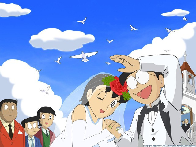 Cặp đôi Nobita và Shizuka trong khung cảnh mang màu sắc lãng mạn