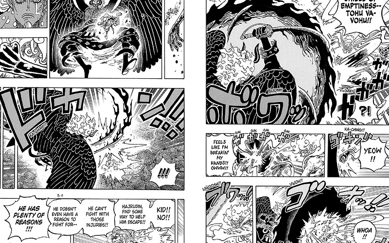 Luffy gắn mình vào chiếc búa khổng lồ của Loki