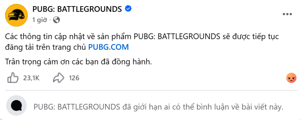 Cộng đồng người chơi PUBG thảo luận về thông báo mới