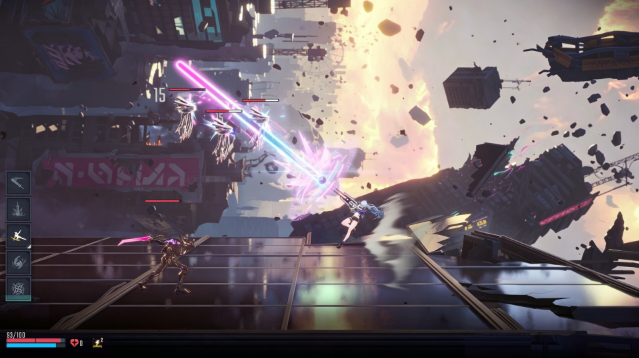 Nhân vật SlashZero di chuyển qua khu vực mang phong cách cyberpunk