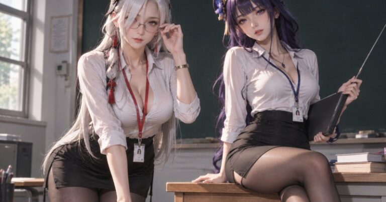 Mai Shiranui trong trang phục công sở đứng tại lớp học