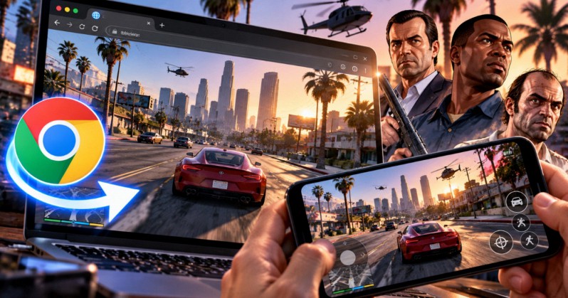 Cảnh gameplay GTA 5 được hiển thị trong cửa sổ trình duyệt