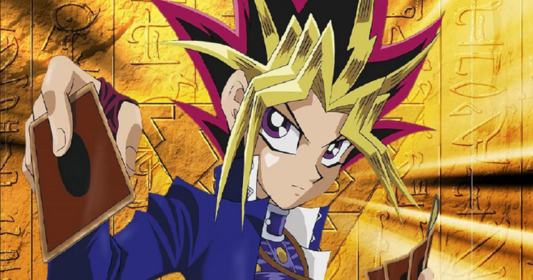 Yugi Mutou đứng cùng các nhân vật trong thế giới Yu-Gi-Oh!