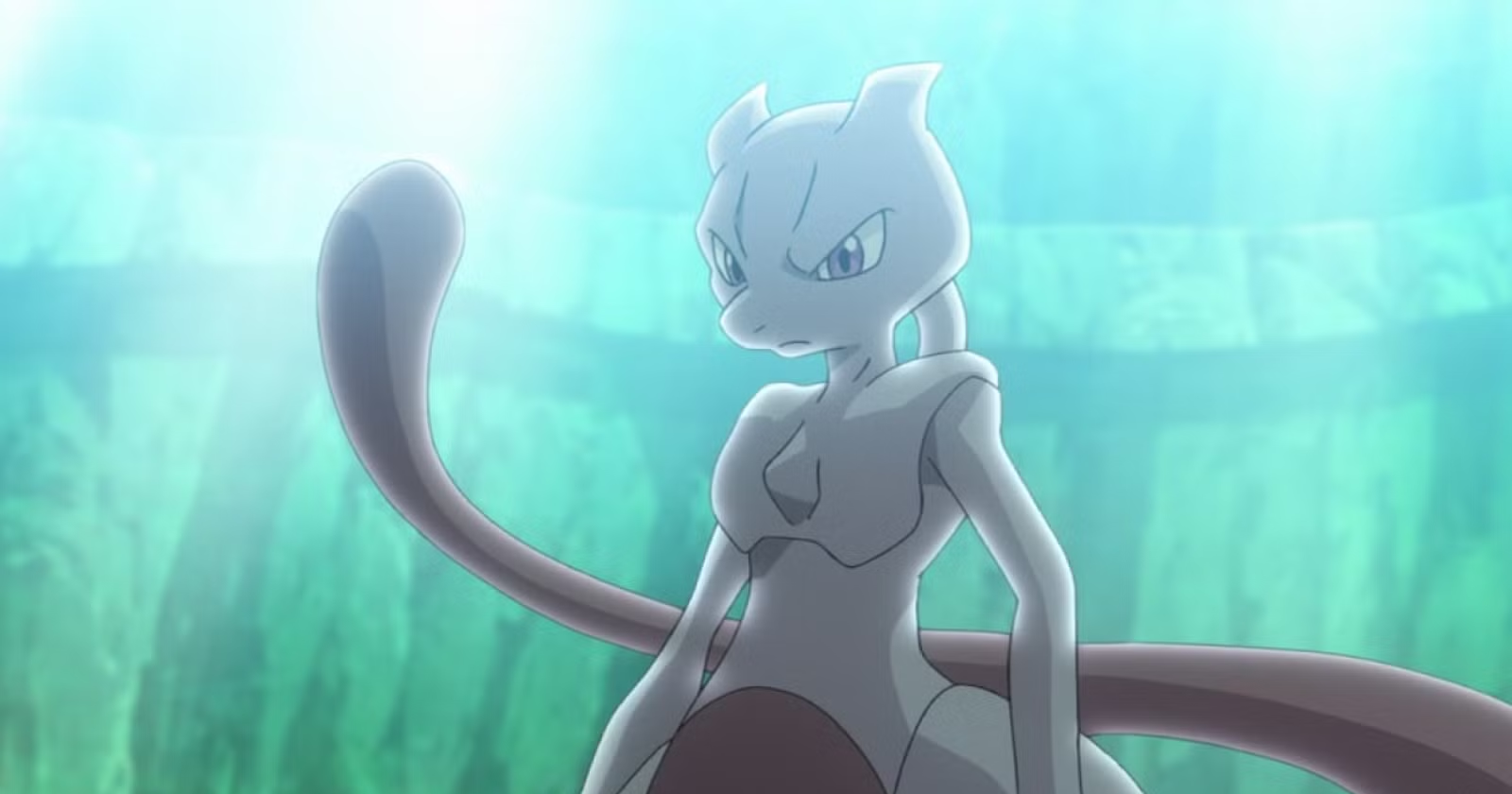 Mewtwo đứng cạnh một quả cầu năng lượng trong cảnh phim Pokémon