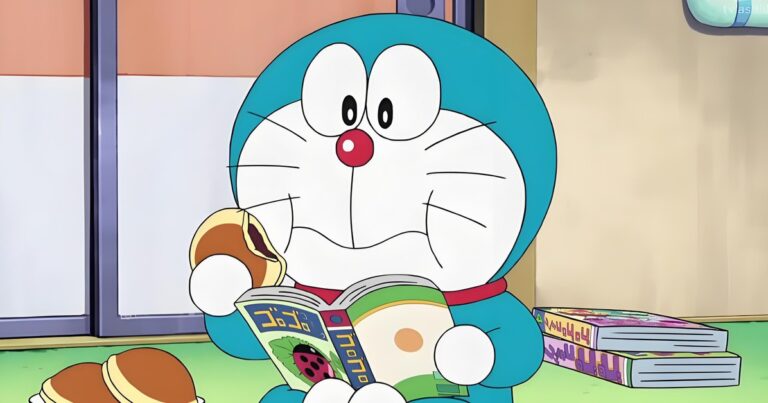 Doraemon ngồi bên bàn ăn trong không gian gia đình