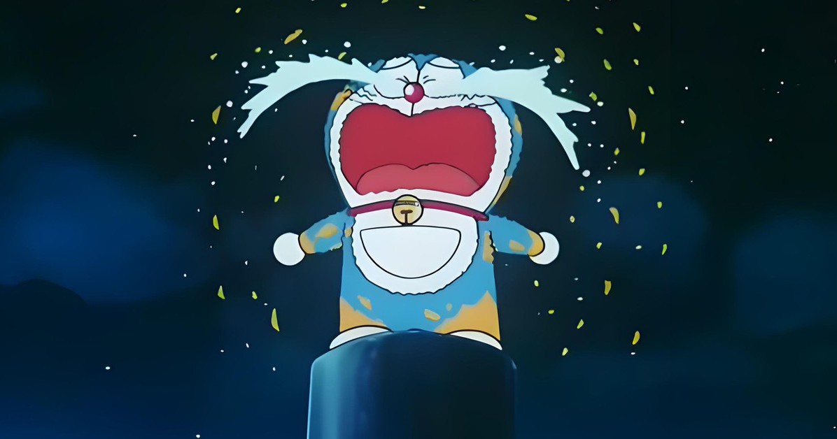 Doraemon với thân hình tròn màu xanh và chiếc túi thần kỳ trước bụng