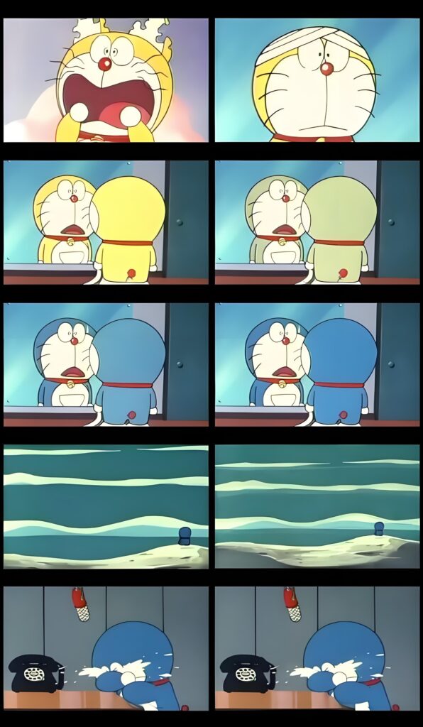 Minh họa Doraemon màu xanh trong một trang truyện manga